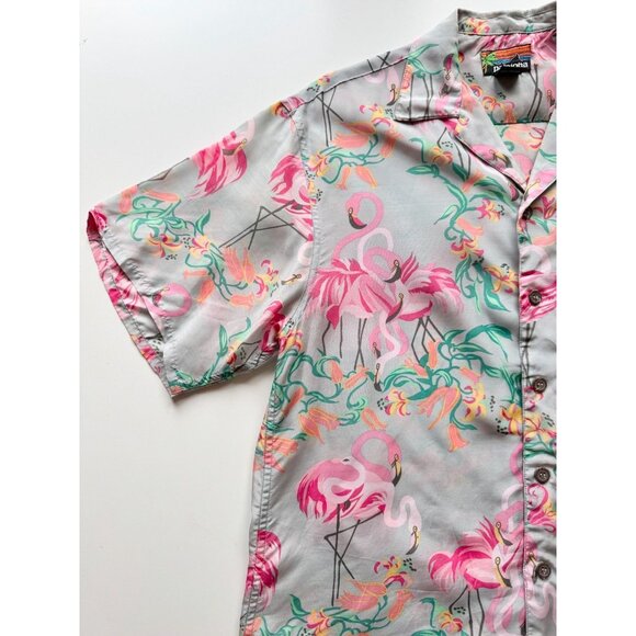 Vintage PATALOHA PATAGONIA Grey Pink Floral Flamingo Hawaiian Shirt, Size S - Picture 6 of 16